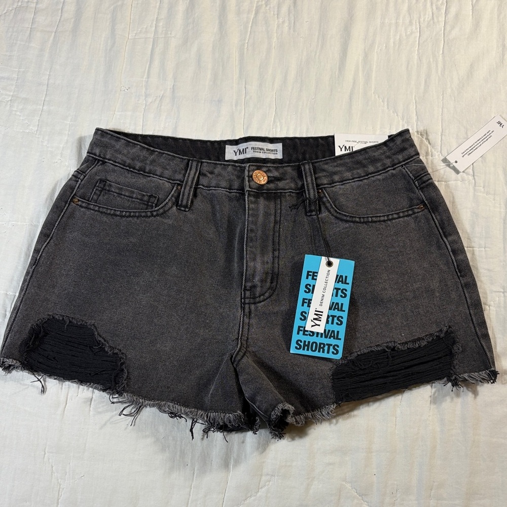 YMI High-Rise Festival‎ Shorts NWT Black Frayed Cut Off Denim Juniors Size 7/28